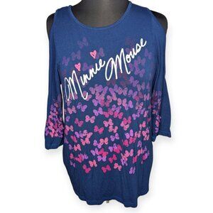Disney Parks Navy Blue Pink Butterflies Minnie Mouse Cold Shoulder Top Size SM